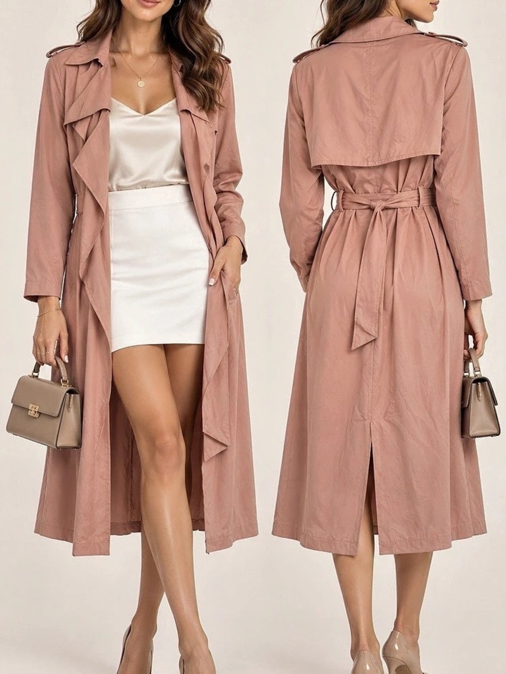 Belle Badgley Mischka Dusty Rose Lyocell Belted Trench Coat Size L